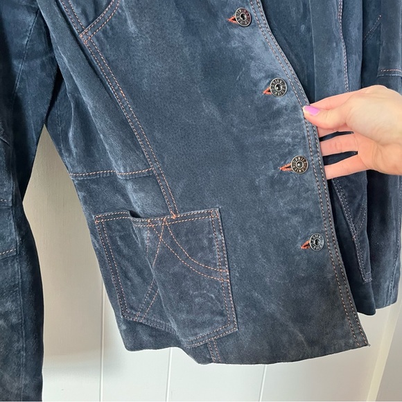 Vintage Danier Suede Leather Denim Blue Jacket Orange Contrast Stitching Y2K - Picture 4 of 13